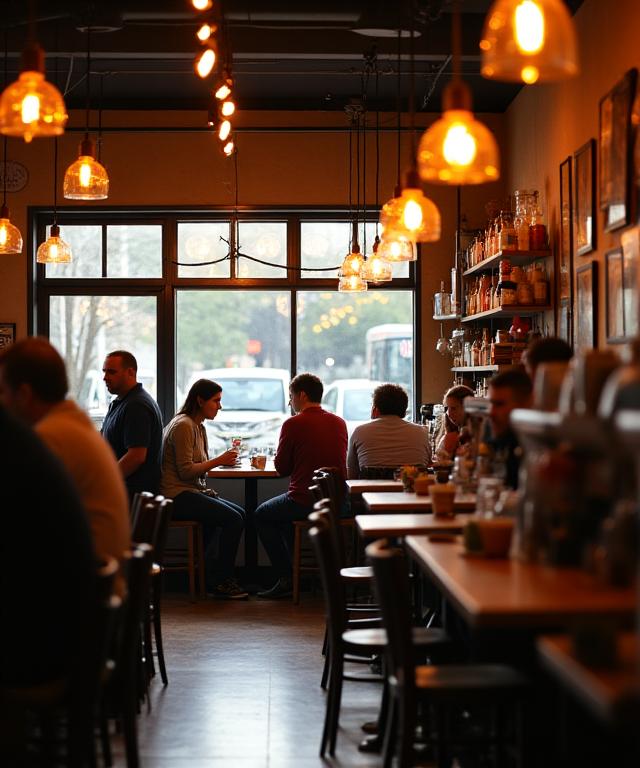 The warm and inviting interior of The Daily Grindhouse, with patrons enjoying their coffee.