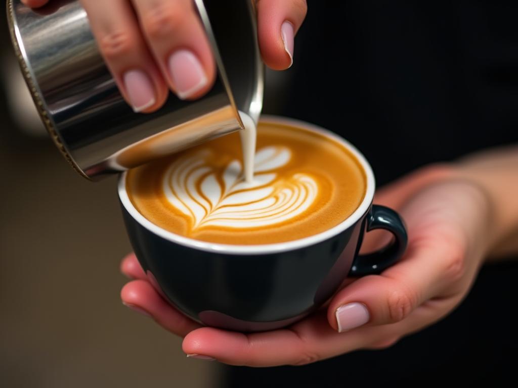 A barista pouring intricate latte art into a ceramic cup.