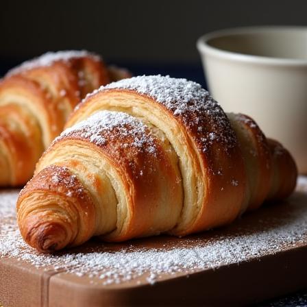 A golden-brown almond croissant dusted with powdered sugar on a wooden board.
