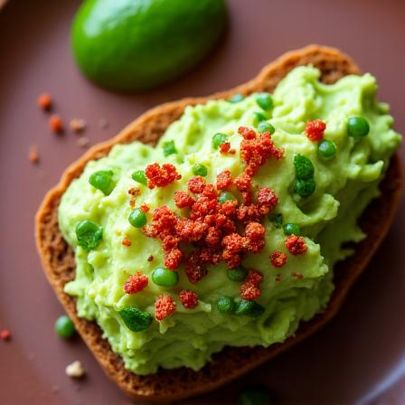 A vibrant slice of avocado toast on a rustic plate.