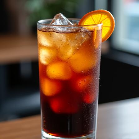 A tall glass of iced cold brew coffee, garnished with an orange peel.