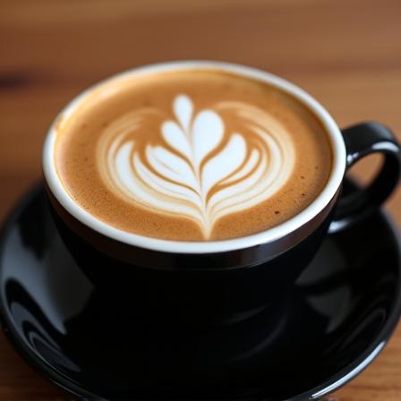 A perfectly made flat white with detailed latte art in a dark ceramic cup.