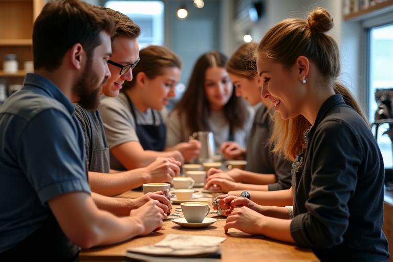 A group of people learning latte art in a barista workshop at The Daily Grindhouse.